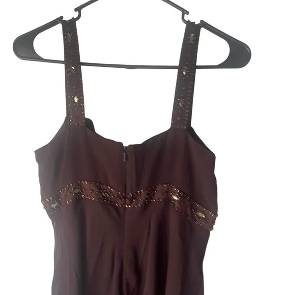Jones New York Dress Y2k Size 10 Brown Chiffon 100%‎ Silk Beaded Midi Dress - Image 7
