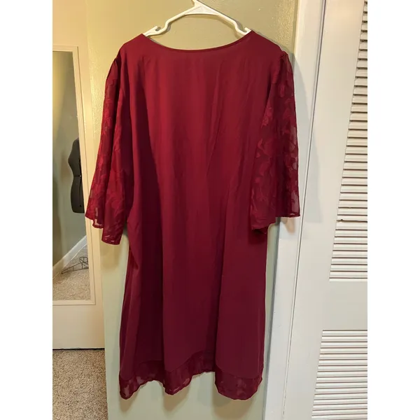 Women's Plus Size 3XL Midi Dress Burgundy Lace Sleeves Hem Scoop Neck 3/4 Sleeve - Image 6
