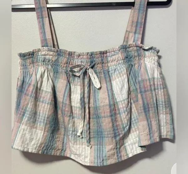 American Eagle Cropped Plaid Tank Top with Drawstring, Great Condition - Image 2