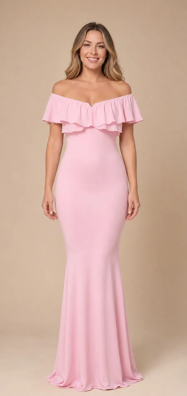 Women’s Pink Off-Shoulder Ruffle Stretch Maternity Mermaid Maxi Gown - Image 3