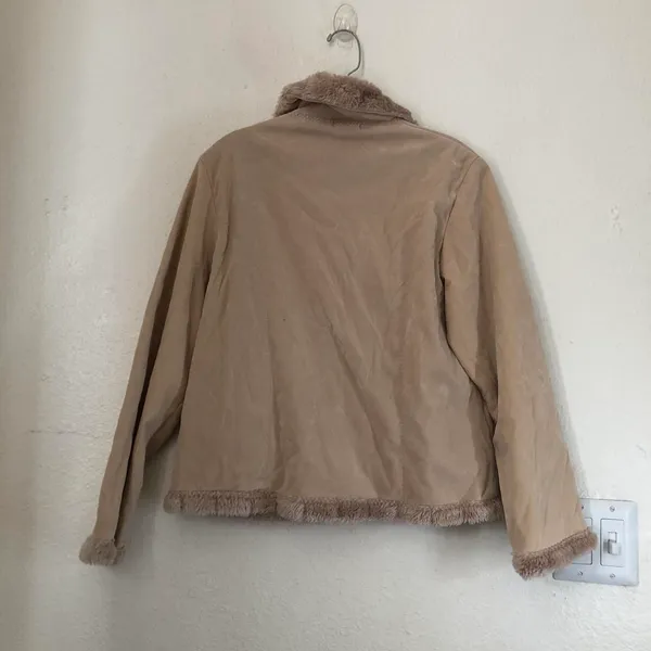 Unique 2000s y2k Tan Cream beige faux fur lined penny lane jacket coat peacoat embroidered #coquette #whimsygoth #cottagecore Size M-measurement in pics - Image 3