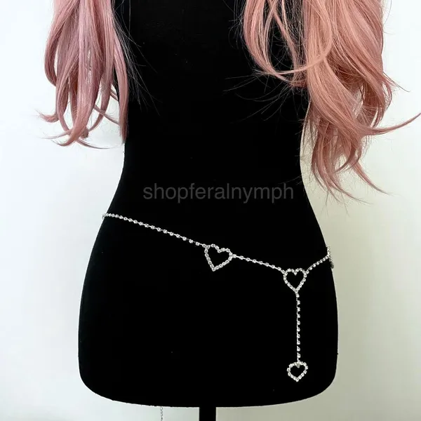 Silver Y2K Rhinestone Heart Drop Chain Belt, Fits 33-44.5 Inches, X7GA1269 - Image 3