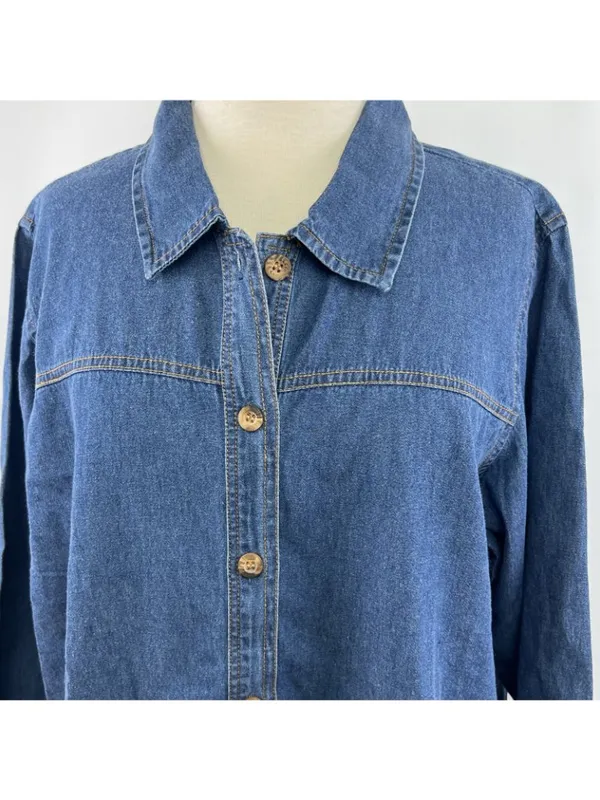 Vtg 90s Serengeti Catalog Sz 1X Blue Chambray Denim Top Button Front 3/4 Sleeves - Image 2