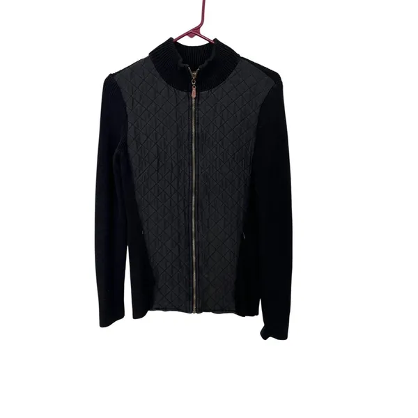 J. McLaughlin Full Zip Quilted Jacket Pockets Women's XS Black Silk Ribbed - Image 2