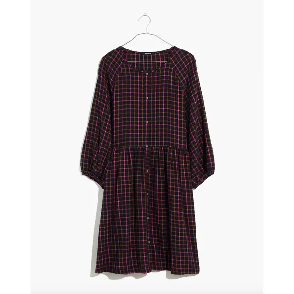 Madewell Plaid Flannel Shirt Dress Raglan Button Front Casual Oversized US 0 NWT - Image 4