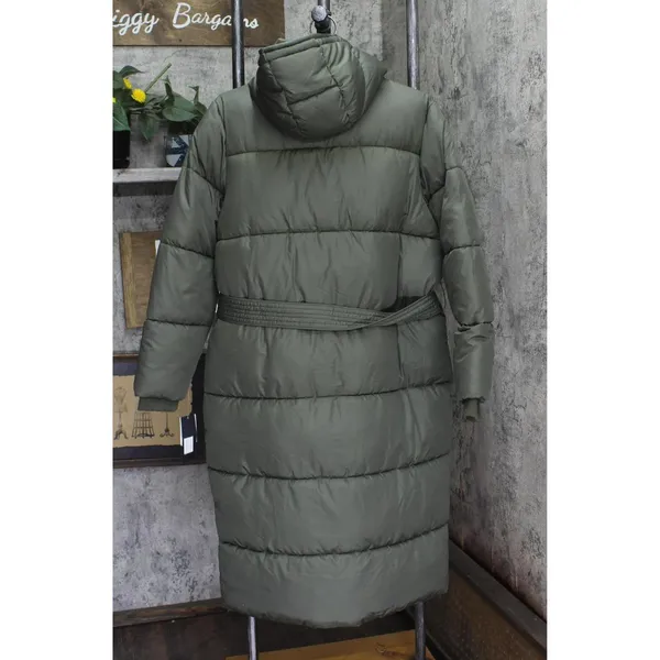 Sebby Collection Womens Long Belted Puffer Coat with Hood Jacket Olive Green S - Image 2