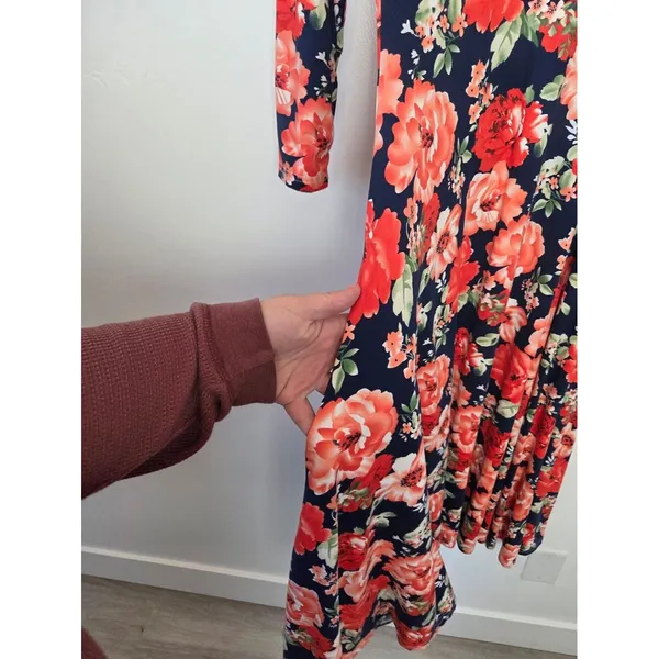 Sign Here Bright Red Floral Swing Midi Dress Jersey Modest Teacher Comfy Small - Image 4