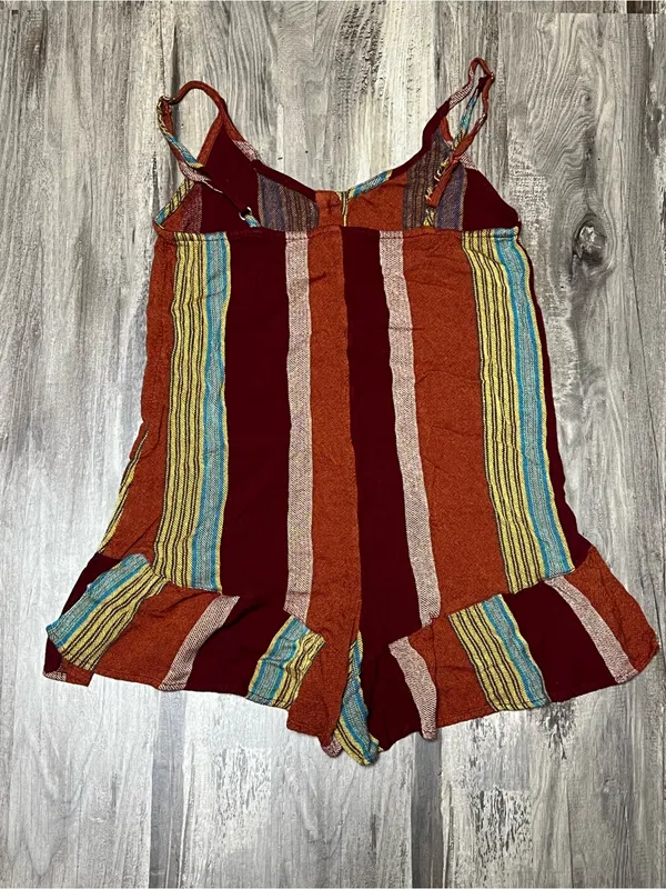 Free People August Striped Button Front Ruffle Mini Romper Red Orange Multi XS - Image 6