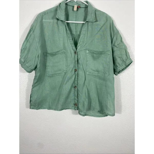 Pilcro Anthropologie Green Linen Blend Short Sleeve Button Up Cropped Shirt S - Image 3