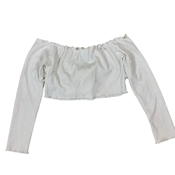 Runaway The Label White Off Shoulder Long Sleeve Ribbed Tie Front Crop Top‎ Boho Medium - Image 3