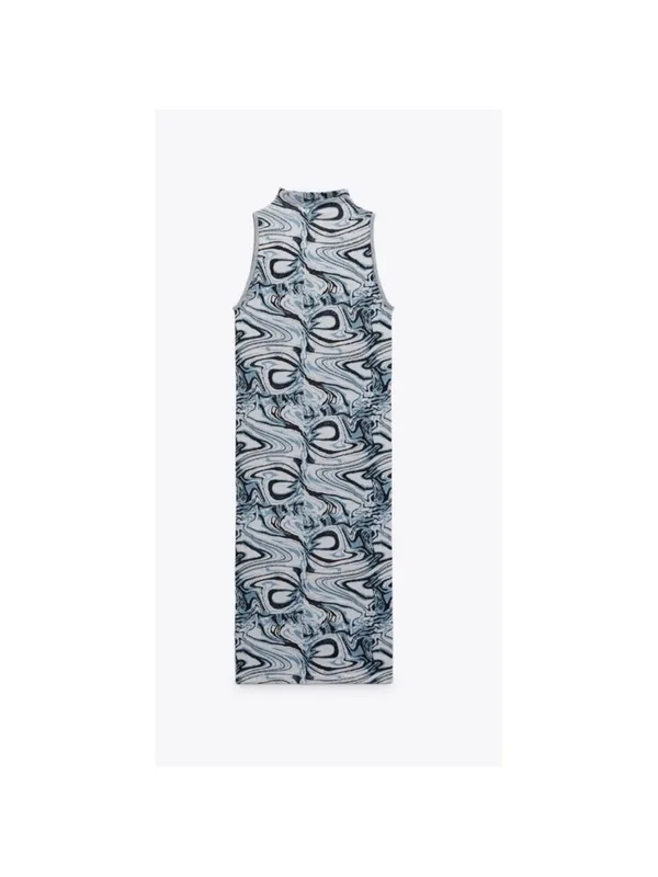ZARA Marble-Print Sleeveless Midi Dress in Blue and White - Image 8