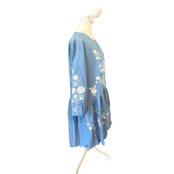 Embroidered Floral Cotton Chambray Shift Dress Womens Size XXL - Image 3