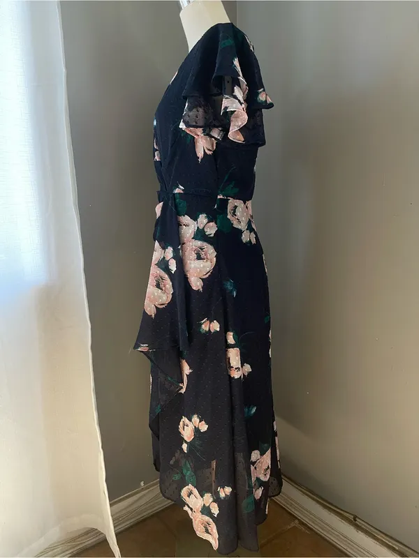DKNY Navy Midi Dress with Pink Floral Print - Image 2