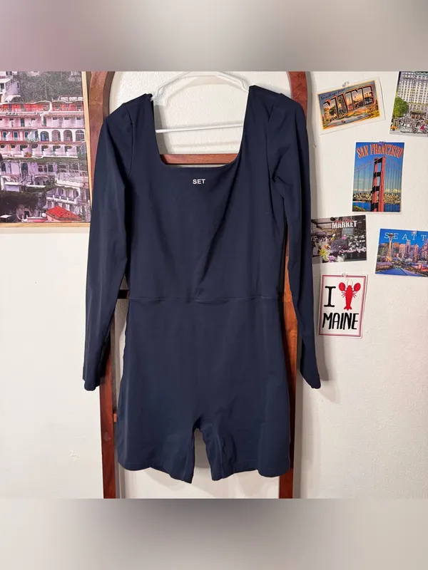 Set Active Navy Shortsuit One Piece Long Sleeve Bodysuit Bike Shorts - Image 2