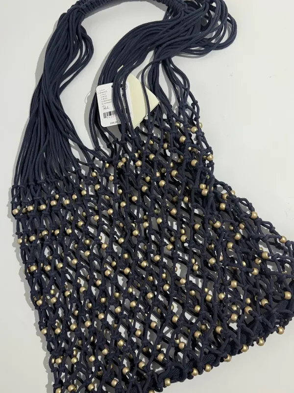 NWT Free People Navy Macramé Tote with Gold Bead Accents - Image 4