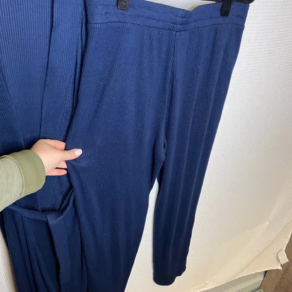 Lands End Womens Navy Blue Ribbed Knit Robe Pajama Pants Lounge Set‎ Size S 6-8 - Image 5