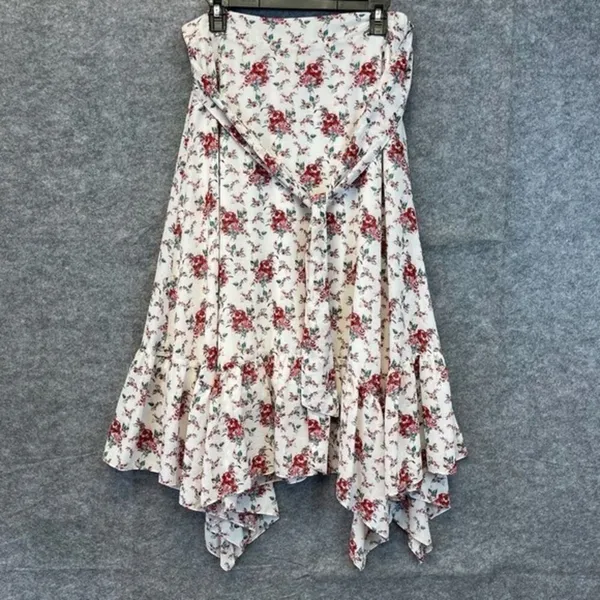 CHELSEA & VIOLET Skirt Large White Red Floral Tie Elastic Waist Handkerchief Hem - Image 2