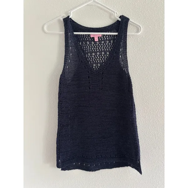 Lilly Pulitzer Vest Womens Medium Blue‎ Crochet Beachy Coastal Quiet Luxury - Image 2