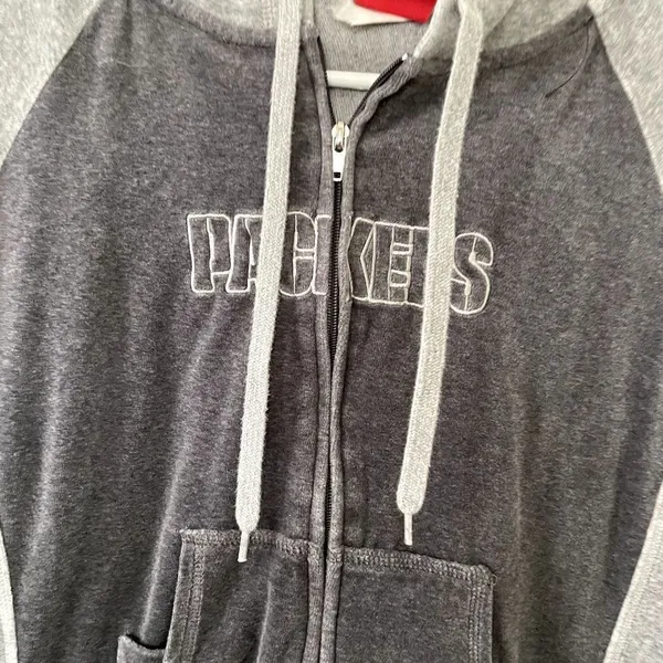 NFL Packers gray full zip jacket pockets drawstring hooded sweater hoodie cotton - Image 2