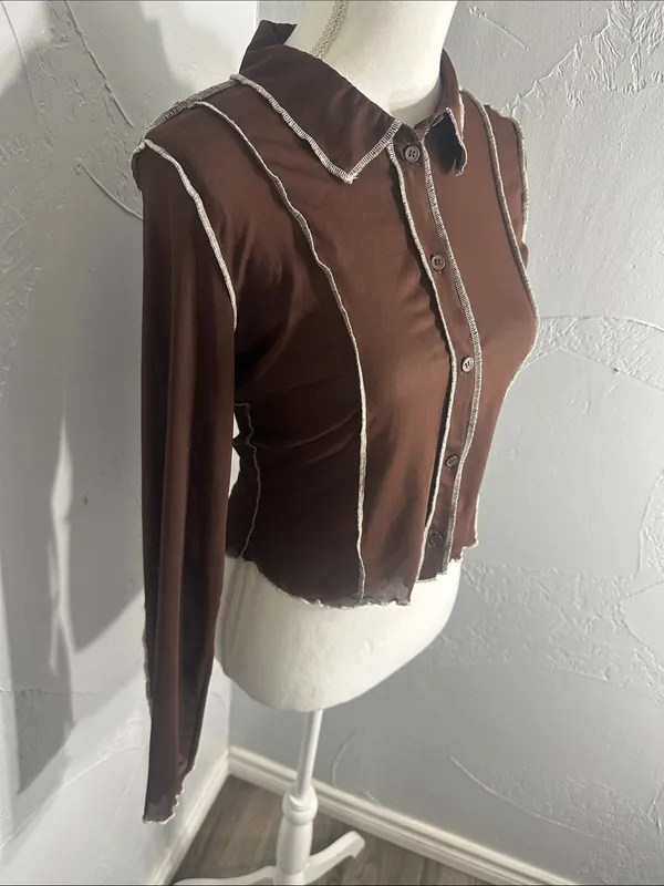 Divided Dark Brown Long-Sleeve Button-Down Top with Contrast Seams - Image 3