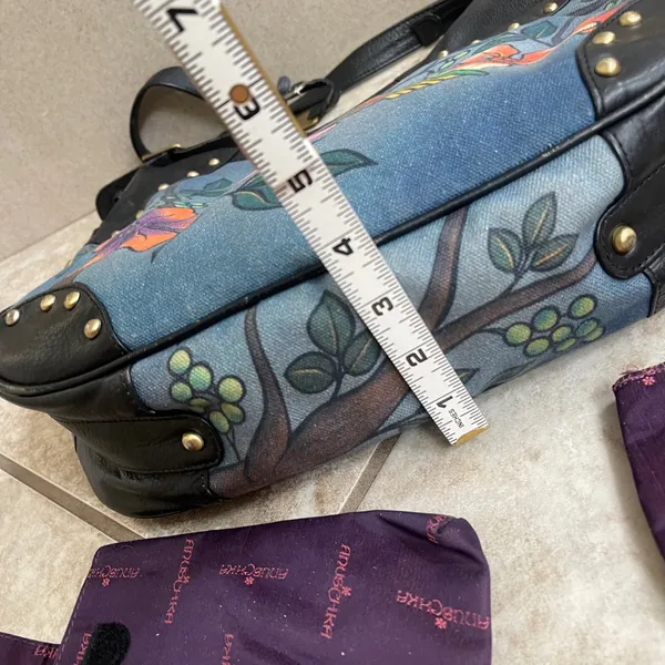 Anuschka Hand Painted Leather Hobo Bag Blue Tropical Bird Floral coin&cell case - Image 7