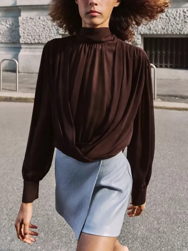 Zara NWT draped High-Neck Long-Sleeve mesh Blouse top Brown - Image 2