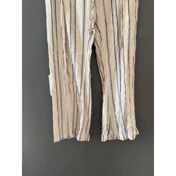 Billabong Womens Striped Wide Leg Linen Blend Pants‎ Cream Navy Blue Coastal L - Image 3