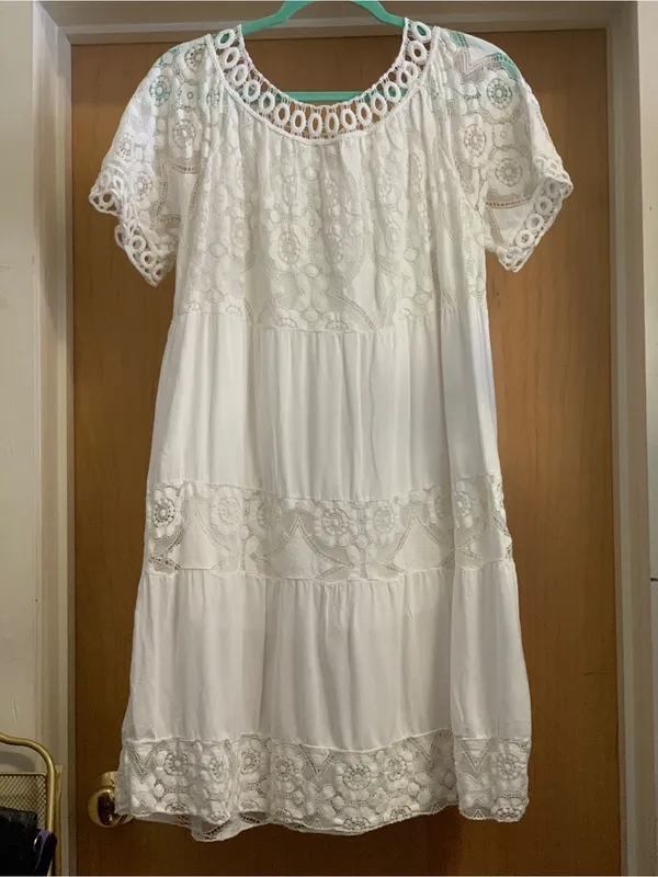 Unknown Women's Lace Tiered Short-Sleeve Dress in White Size-M/L - Image 4