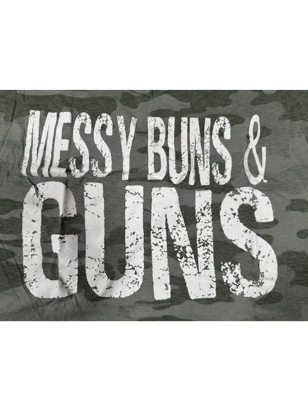 Universal Threads Camo Messy Buns & Guns Women’s V-Neck T-Shirt Size S Cotton Tee - Image 2