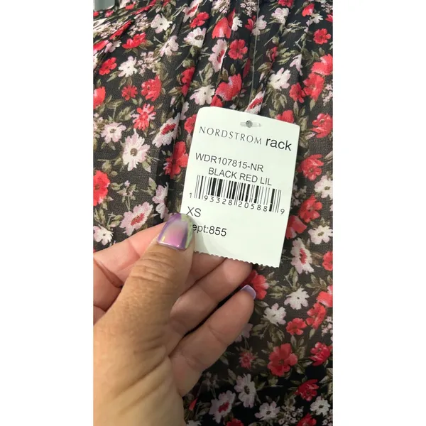 Socialite Floral Chiffon Mini Dress XS Red Black Long Sleeve Smocked Waist NWT - Image 6
