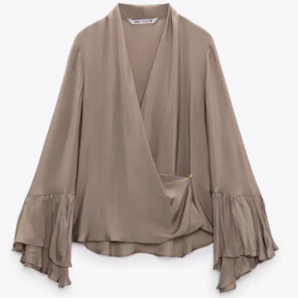 Zara Brown Taupe Long Bell Sleeve Drape Wrap Blouse Top NEW XL - Image 6