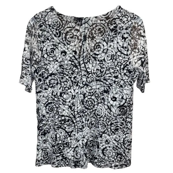 Chaus XL Womens Black White Abstract Swirl Mesh V-Neck Knot Front Blouse Top - Image 2