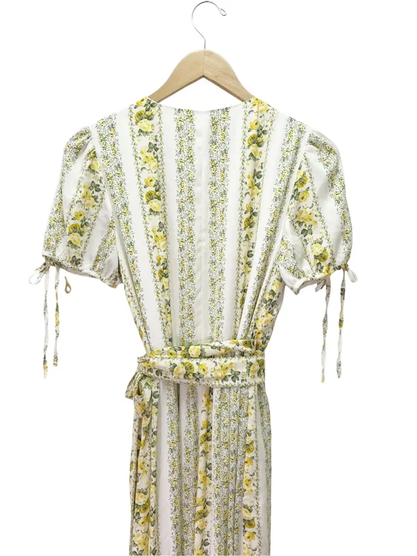 Gal Meets Glam Imogene Maxi Dress Sz 4 Yellow Floral Stripe Wrap Puff Sleeve GMG - Image 6