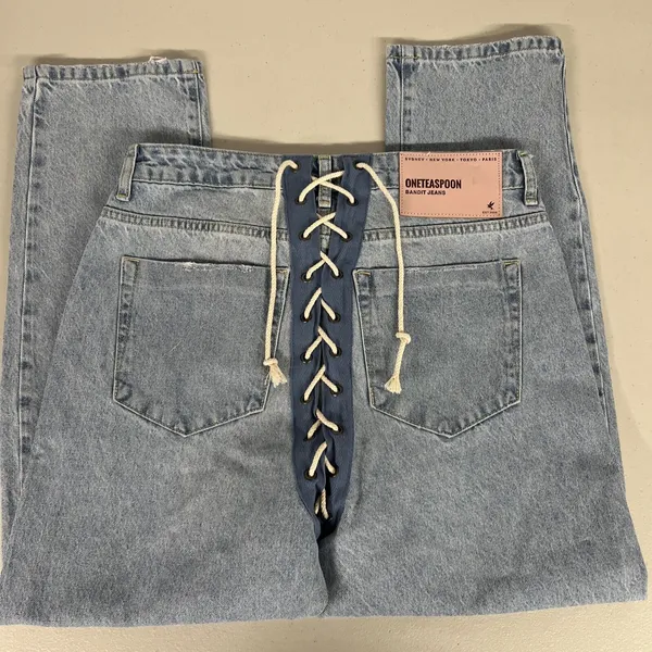 nwt 28 / 6 Womens One Teaspoon Relaxed Fit Laced Bandit Jeans Lace Up Best Blue - Image 10