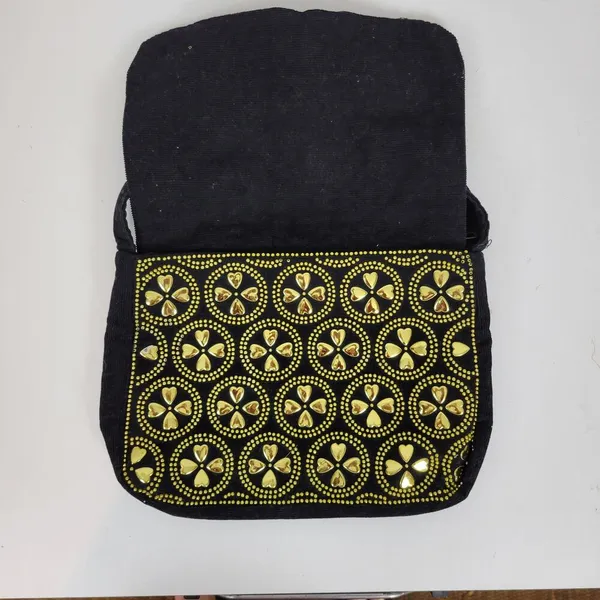 Vintage Retro Womens Bag Black Gold Beaded Studded Corduroy Purse Hong Kong - Image 11