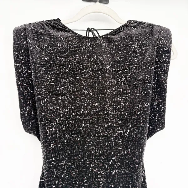 Zara Womens Black Sequin Padded Shoulder Open‎ Back Glam Cocktail Mini Dress XS - Image 4