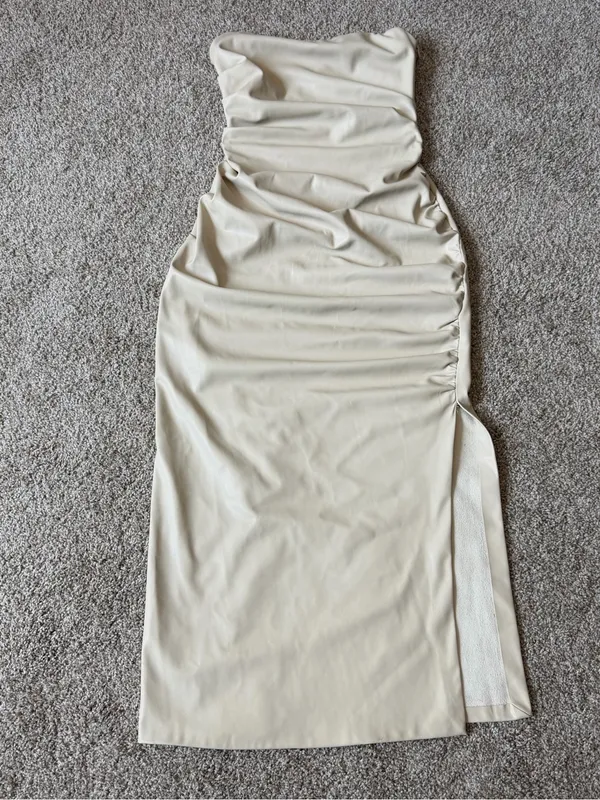 Zara Strapless Cream Midi Dress with Side Slit - Image 4