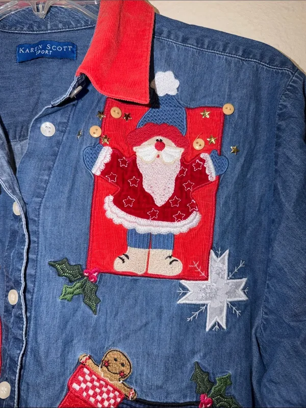 Vintage Embroidered Christmas Denim Shirt Corduroy Collar cottagecore granny 90s - Image 4