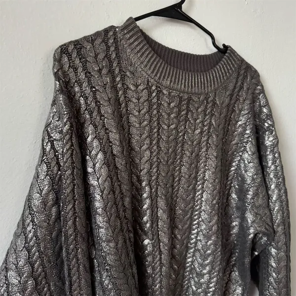 Topshop Premium Womens S Metallic Gray Chunky Knit Oversized Sweater Pullover - Image 8