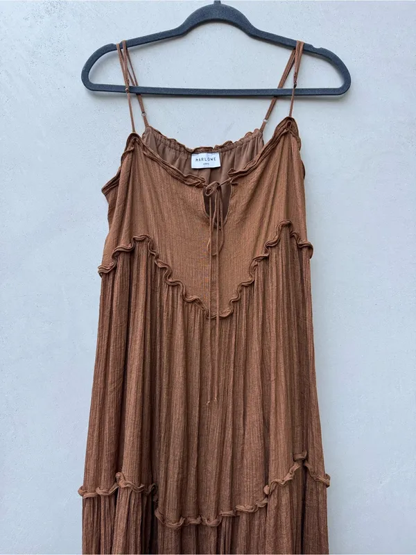 Marlowe Sirena Maxi Dress Brown Boho Ruffle Tiered Crinkle Gauze M - Image 5
