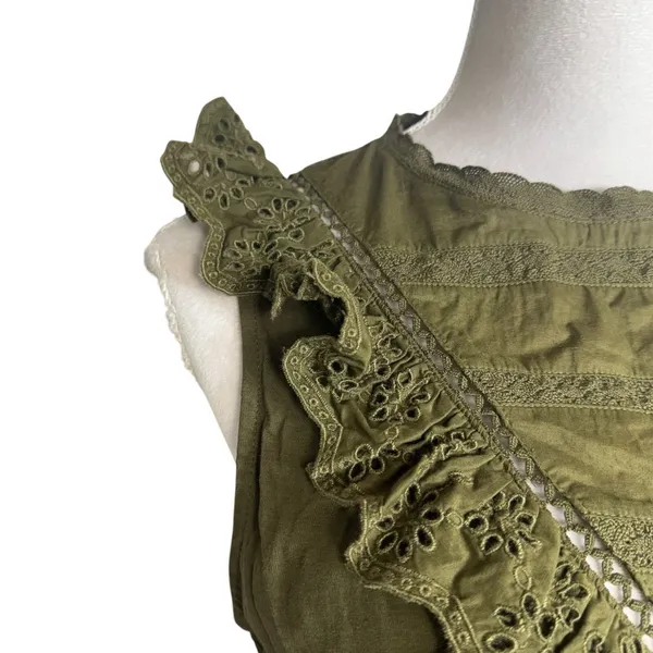 J.Crew Eyelet Lace Ruffle Blouse Tank Small Olive Green Cottage Peasant Boho - Image 3