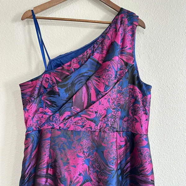 Adrianna Papell Size 20 Blue Pink Brocade Floral Formal Dress One Shoulder - Image 11