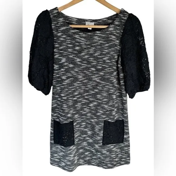 Anthropologie Postmark Black White Textured Tweed Knit Tunic Dress Lace‎ Size S - Image 5
