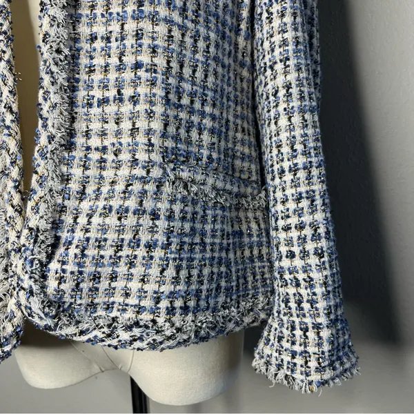 NEW Ann Taylor Blue Tweed Glitter Open Front Fringe Blazer Jacket Preppy Office - Image 6