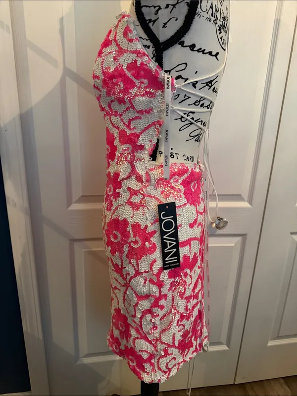 Jovani Pink and White Sequin Floral Mini Dress - Image 12