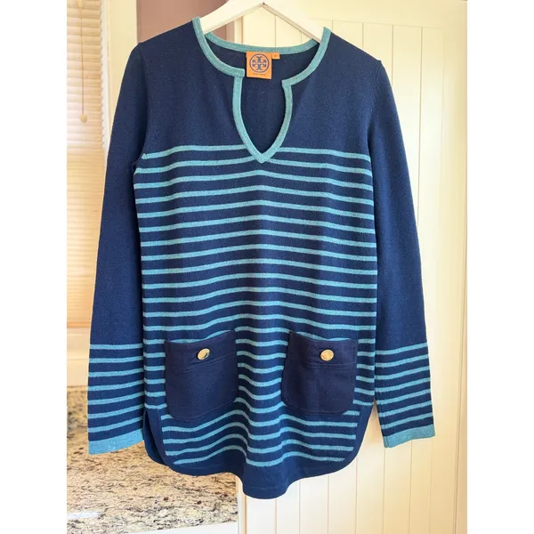 Tory Burch Wool Cashmere Blend Tunic Sweater XS Navy Stripe Pockets 50123142 - Image 2