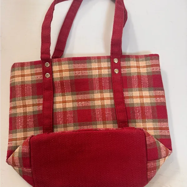 Longaberger Red Plaid Tote Bag Canvas Shoulder Carryall Market Travel Tote Small - Image 3