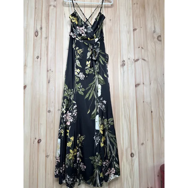 NWT Lulus All About the Drama Black Floral Satin Cowl Neck Maxi Dress Cruise S - Image 2