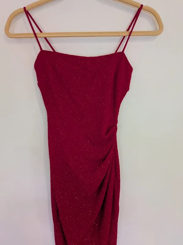 Red Glitter Ruched Strappy Bodycon long Dress Sleeveless Pullover Women XS - Image 2