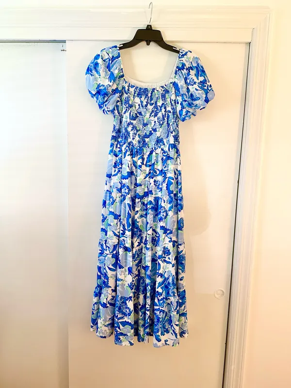 NWT Pretty Garden Smocked Blue Floral Tiered Puff Sleeve Dress - Image 7